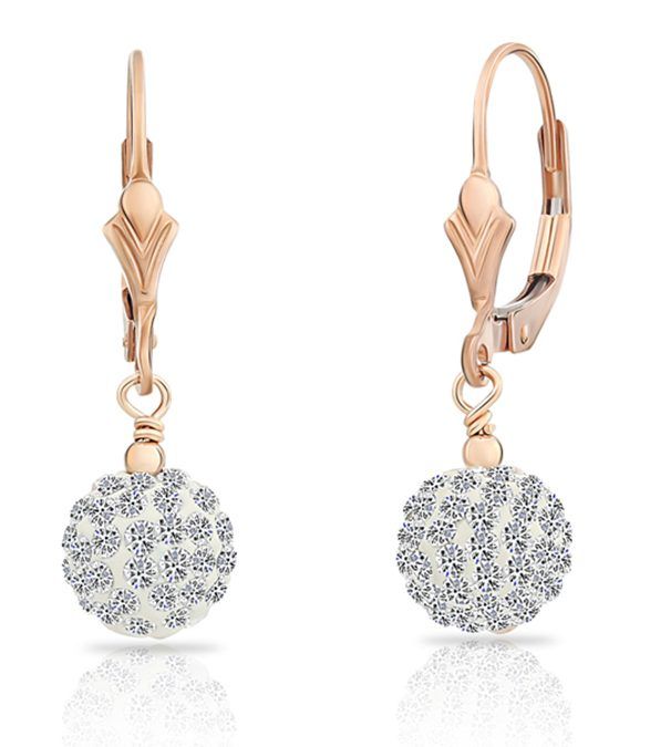 Rose gold crystal drop earrings on white after retouching